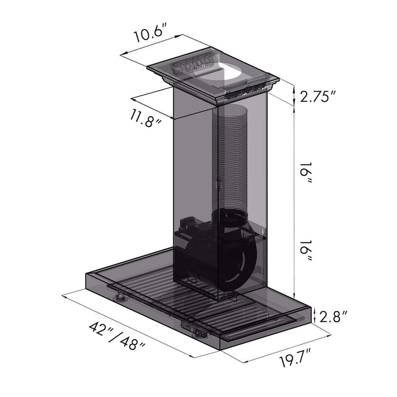ZLINE 48 in. CrownSound™ Ducted Vent Wall Mount Range Hood in Stainless Steel with Built-in Bluetooth Speakers (KECRN-BT-48) dimensional diagram.