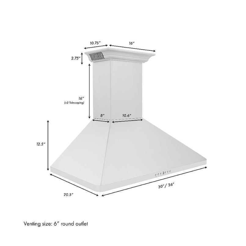 ZLINE 30 in. CrownSound™ Ducted Vent Wall Mount Range Hood in Stainless Steel with Built-in Bluetooth Speakers (KF1CRN-BT-30) dimensional diagram.