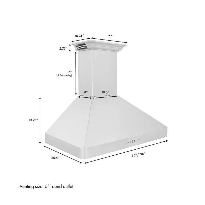 ZLINE 30 in. CrownSound™ Ducted Vent Wall Mount Range Hood in Stainless Steel with Built-in Bluetooth Speakers (KF2CRN-BT-30) dimensional diagram.