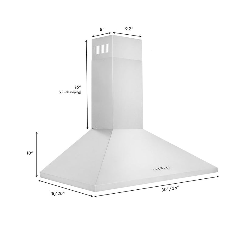 ZLINE 36 in. Convertible Vent Convertible Vent Wall Mount Range Hood in Stainless Steel (KL2-36) dimensional diagram.