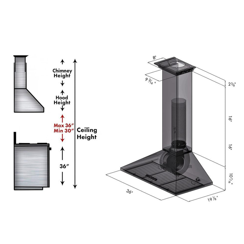 ZLINE 36 in. Convertible Vent Convertible Vent Wall Mount Range Hood in Stainless Steel with Crown Molding (KL2CRN-36) dimensional diagram.