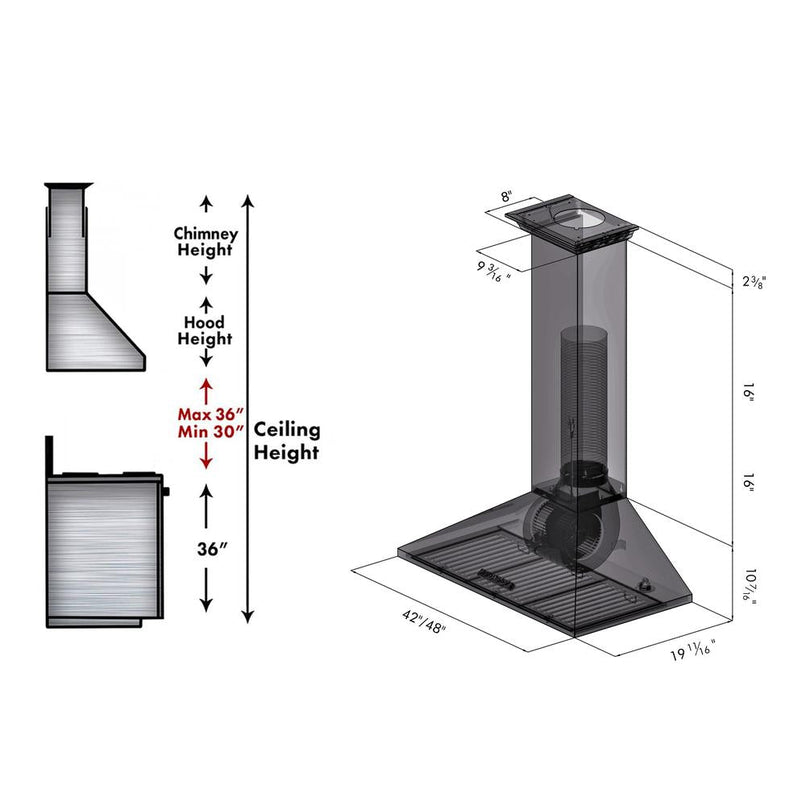 ZLINE 48 in. Convertible Vent Convertible Vent Wall Mount Range Hood in Stainless Steel with Crown Molding (KL2CRN-48) dimensional diagram.