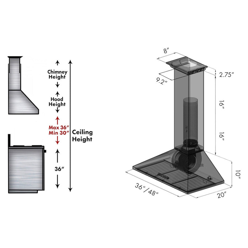 ZLINE 48 in. CrownSound™ Ducted Vent Wall Mount Range Hood in Stainless Steel with Built-in Bluetooth Speakers (KL2CRN-BT-48) dimensional diagram.