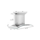 ZLINE 30 in. CrownSound™ Ducted Vent Wall Mount Range Hood in Stainless Steel with Built-in Bluetooth Speakers (KN4CRN-BT-30) dimensional diagram.