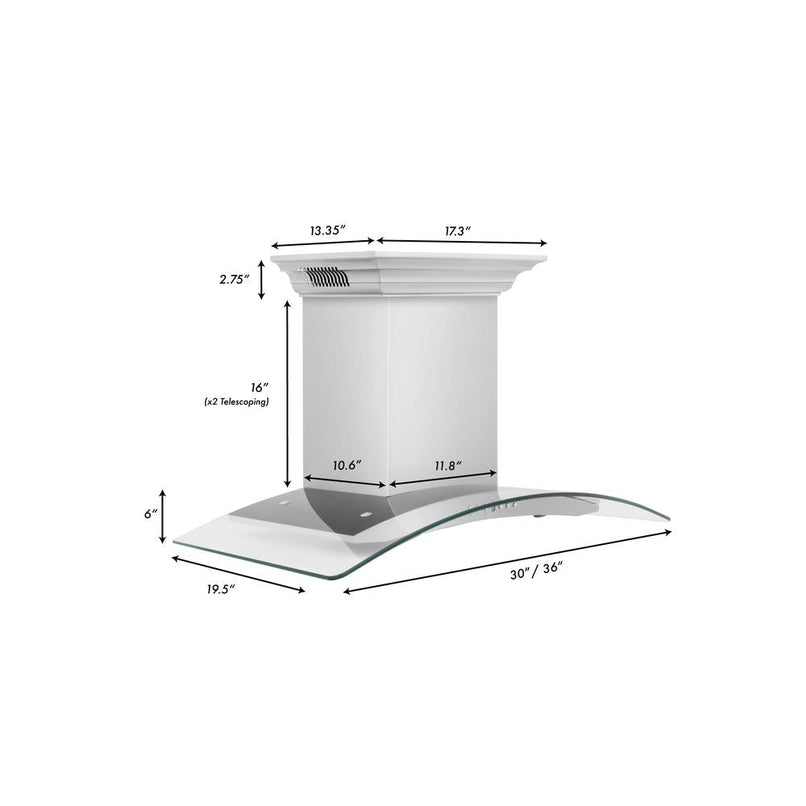 ZLINE 30 in. CrownSound™ Ducted Vent Wall Mount Range Hood in Stainless Steel with Built-in Bluetooth Speakers (KN4CRN-BT-30) dimensional diagram.