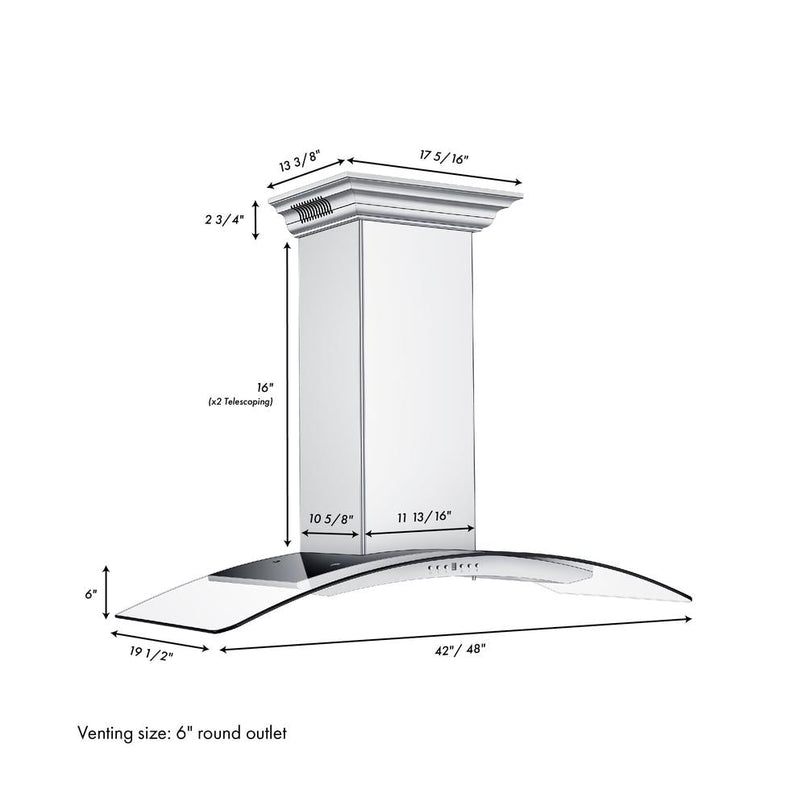 ZLINE 48 in. CrownSound™ Ducted Vent Wall Mount Range Hood in Stainless Steel with Built-in Bluetooth Speakers (KN4CRN-BT-48) dimensional diagram.