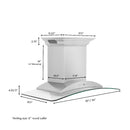 ZLINE 30 in. CrownSound™ Ducted Vent Wall Mount Range Hood in Stainless Steel and Glass with Built-in Bluetooth Speakers (KNCRN-BT-30) dimensional diagram.