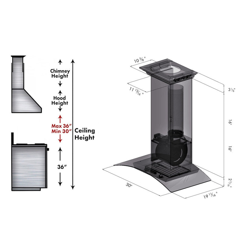ZLINE 30 in. Convertible Vent Wall Mount Range Hood in Stainless Steel and Glass with Crown Molding (KZCRN-30) dimensional diagram.