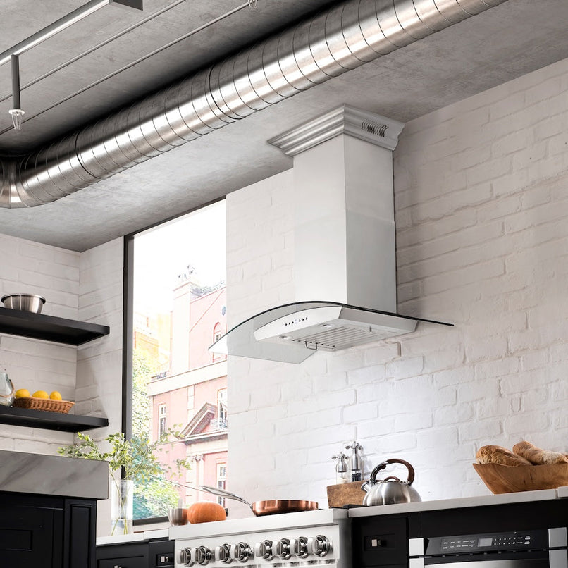 ZLINE 36 in. CrownSound™ Ducted Vent Wall Mount Range Hood in Stainless Steel and Glass with Built-in Bluetooth Speakers (KZCRN-BT-36)
