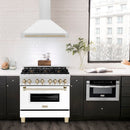 ZLINE Autograph Edition 36 in. Convertible Satin Stainless Steel Wall Mount Range Hood with White Matte Shell and Polished Gold Handle (KB4SNZ-WM36-G)