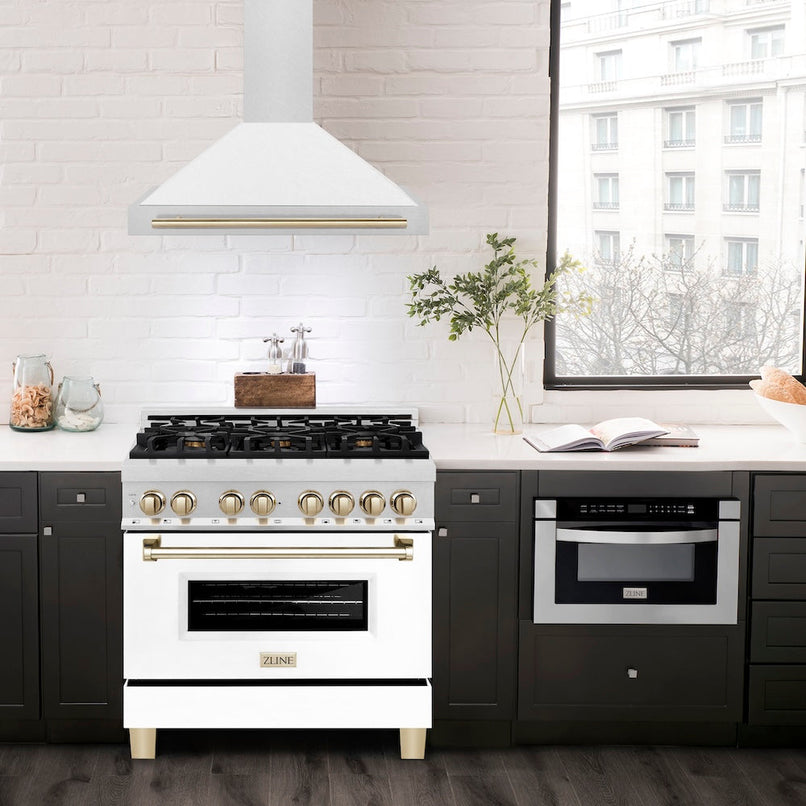 ZLINE Autograph Edition 36 in. Convertible Satin Stainless Steel Wall Mount Range Hood with White Matte Shell and Polished Gold Handle (KB4SNZ-WM36-G)