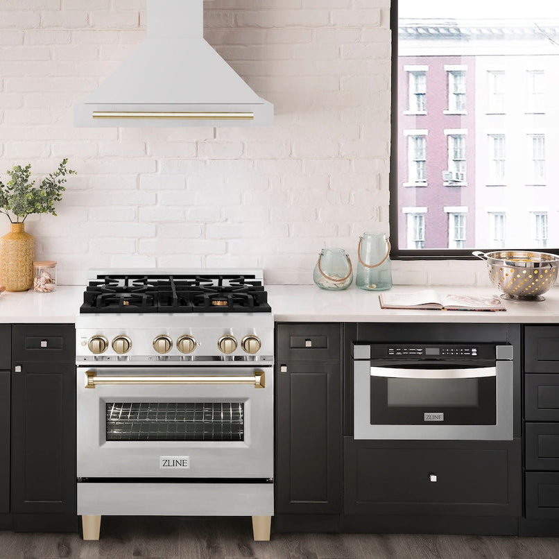 ZLINE Autograph Edition 30 in. Stainless Steel Range Hood with Stainless Steel Shell and Polished Gold Handle (8654STZ-30-G)