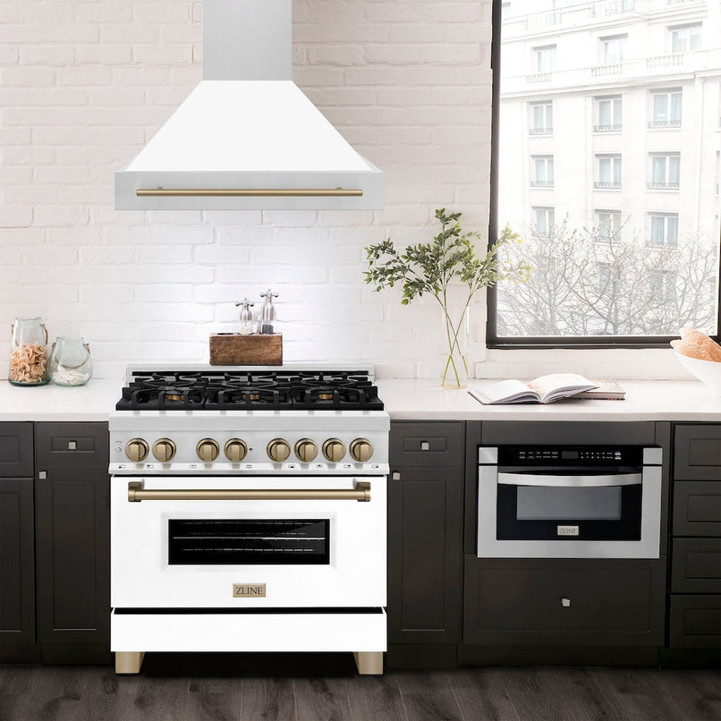 ZLINE Autograph Edition 36 in. Stainless Steel Range Hood with White Matte Shell and Champagne Bronze Handle (8654STZ-WM36-CB)