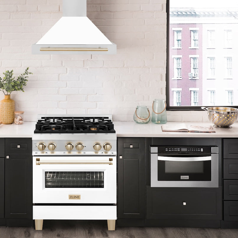 ZLINE Autograph Edition 30 in. Convertible Stainless Steel Range Hood with White Matte Shell and Polished Gold Accents (KB4STZ-WM30-G)