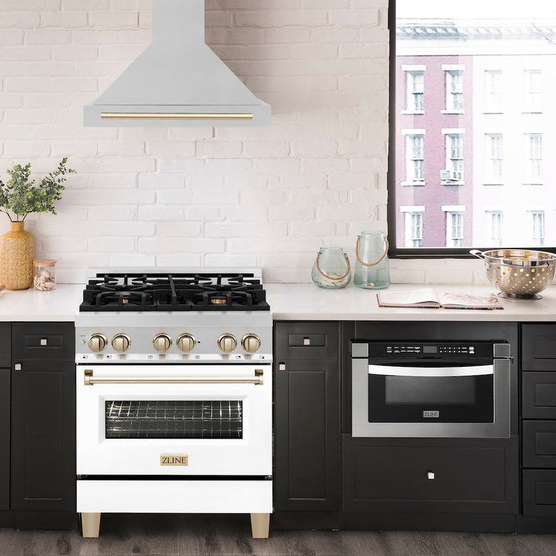 ZLINE Autograph Edition 30 in. Convertible Stainless Steel Range Hood with Stainless Steel Shell and Polished Gold Accents (KB4STZ-30-G)