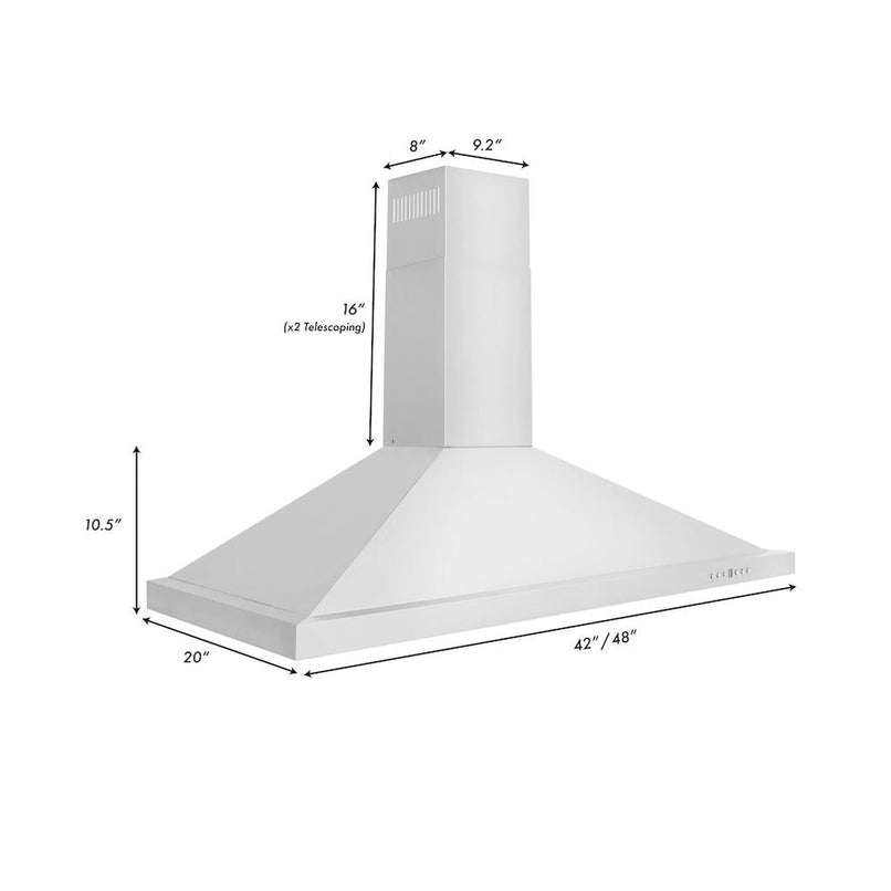ZLINE 48 in. Convertible Vent Wall Mount Range Hood in Stainless Steel (KB-48) dimensional diagram.