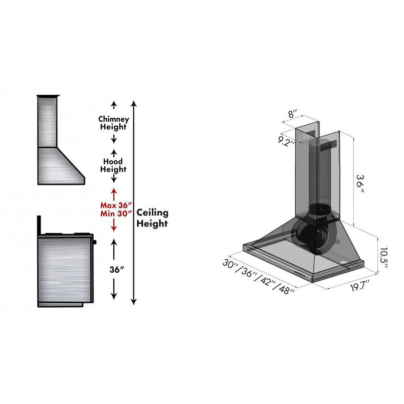ZLINE 36 in. Designer Series Satin Stainless Steel Convertible Vent Wall Mount Range Hood (8KBS-36) dimensional diagram.