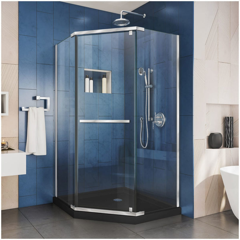 Prism 74-3/4" High x 38" Wide Frameless Neo-Angle Shower Module with Pivot Shower Door and Center Drain Base Kit - image 1