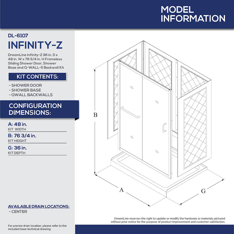 Infinity-Z 76-3/4" High x 48" Wide x 36" Deep Alcove Shower Module with Clear Sliding Shower Door, Center Drain Base, and Acrylic Backwall Kit - image 26