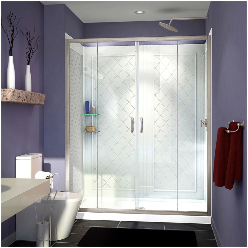 Visions 76-3/4" High x 60" Wide Sliding Framed Shower Enclosure with Clear Glass and 34" Deep x 60" Wide Shower Base with Center Drain - image 1
