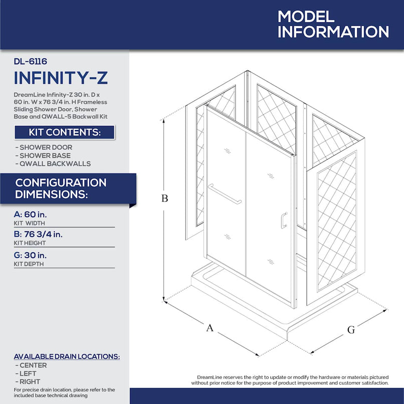 Infinity-Z 76-3/4" High x 60" Wide x 30" Deep Alcove Shower Module with Clear Sliding Shower Door, Center Drain Base, and Acrylic Backwall Kit - image 24