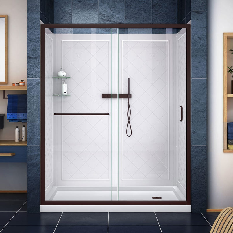 Infinity-Z 76-3/4" High x 60" Wide x 34" Deep Alcove Shower Module with Clear Sliding Shower Door, Right Drain Base, and Acrylic Backwall Kit - image 1