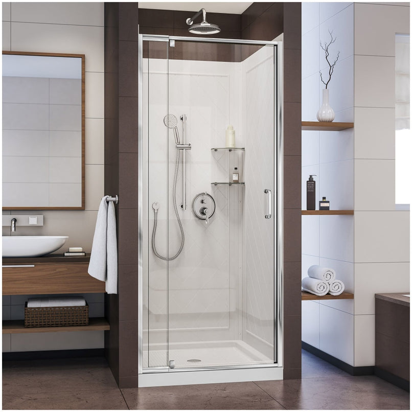 Flex 76-3/4" High x 32" Wide Pivot Framed Shower Door with Clear Glass, 32" Deep x 32" Wide Shower Base with Center Drain, and Shower Backwalls - image 1