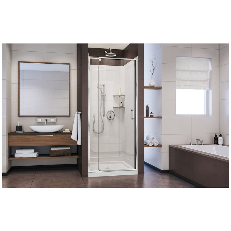 Flex 76-3/4" High x 32" Wide Pivot Framed Shower Door with Clear Glass, 32" Deep x 32" Wide Shower Base with Center Drain, and Shower Backwalls - image 4