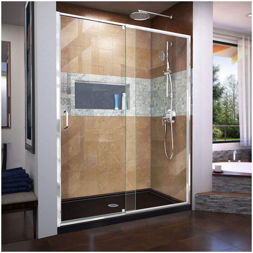 Flex 32" D x 60" W x 74 3/4" H Semi Frameless Shower Door with Center Drain Base Kit - image 1
