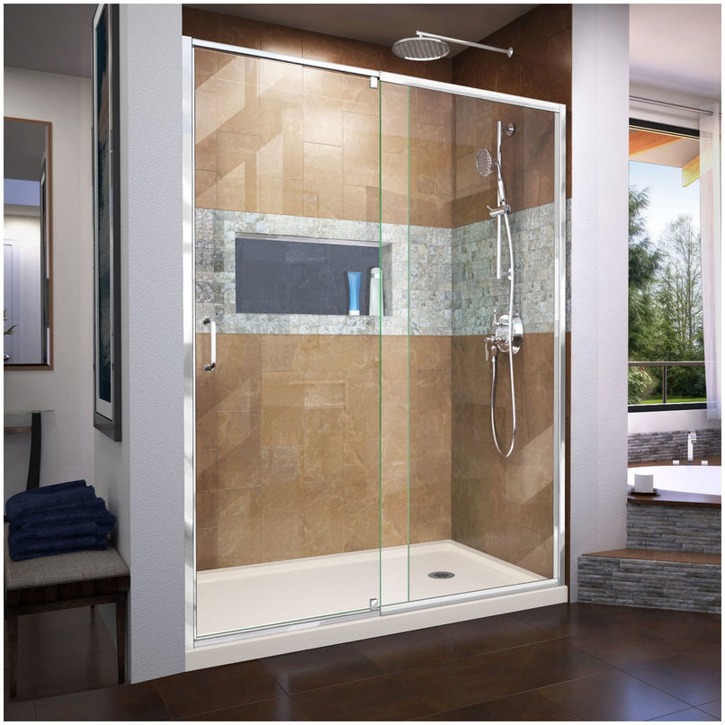 Flex 34" D x 60" W x 74 3/4" H Semi Frameless Shower Door with Right Drain Base Kit - image 1
