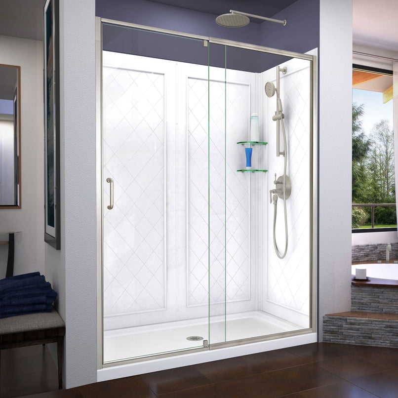Flex 32" D x 60" W x 76 3/4" H Semi Frameless Shower Door with Center Drain Base and Backwalls - image 1