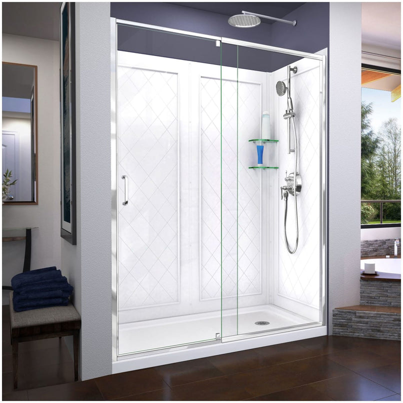 Flex 36" D x 60" W x 76 3/4" H Semi Frameless Shower Door with Right Drain Base and Backwalls - image 1