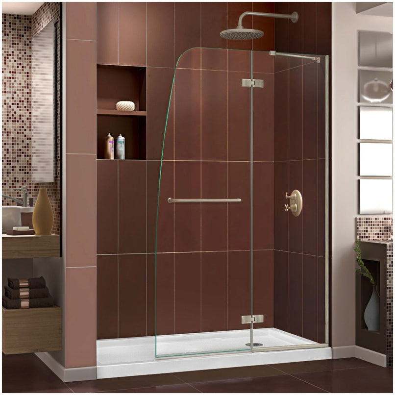 Aqua Ultra 74-3/4" High x 60" Wide 36" Deep Hinged Frameless Shower Door with Clear Glass, SlimeLine Shower Base Kit, and Right Drain - image 1