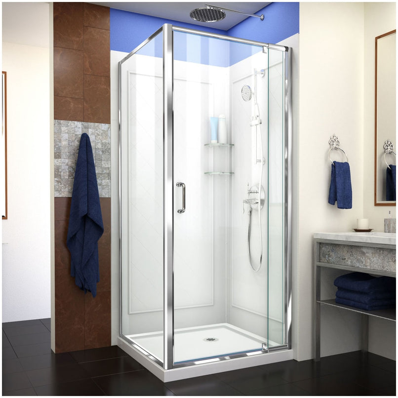 Flex 76-3/4" High x 32" Wide x 32" Deep Pivot Framed Shower Enclosure with Clear Glass, Shower Base, Shower Backwall, and Return Panel - image 1