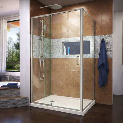 Flex 36" D x 48" W x 74 3/4" H Semi-Frameless Pivot Shower Enclosure with Left Drain Base Kit - image 1