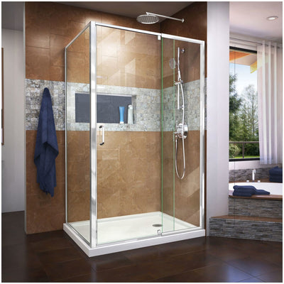 Flex 36" D x 48" W x 74 3/4" H Semi-Frameless Pivot Shower Enclosure with Right Drain Base Kit - image 1