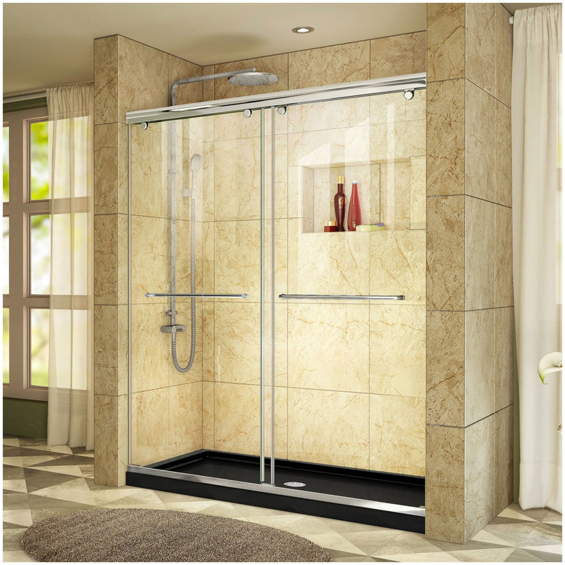 Charisma 78-3/4" High x 60" Wide 32" Deep Sliding Frameless Shower Door with Clear Glass, SlimeLine Shower Base Kit, and Center Drain - image 1