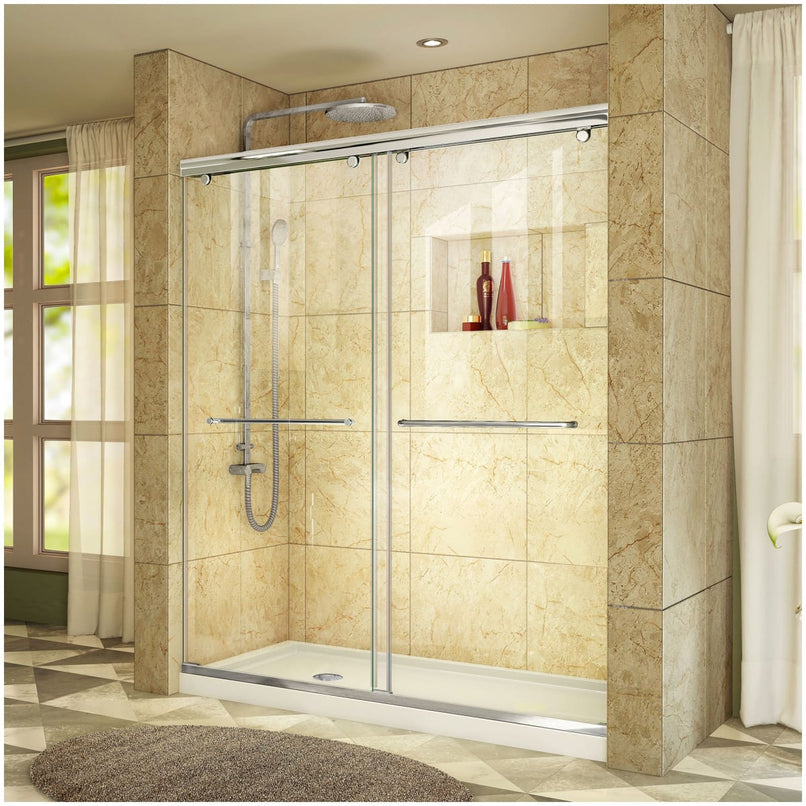 Charisma 78-3/4" High x 60" Wide 32" Deep Sliding Frameless Shower Door with Clear Glass, SlimeLine Shower Base Kit, and Left Drain - image 1
