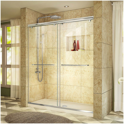 Charisma 78-3/4" High x 60" Wide 34" Deep Sliding Frameless Shower Door with Clear Glass, SlimeLine Shower Base Kit, and Center Drain - image 1