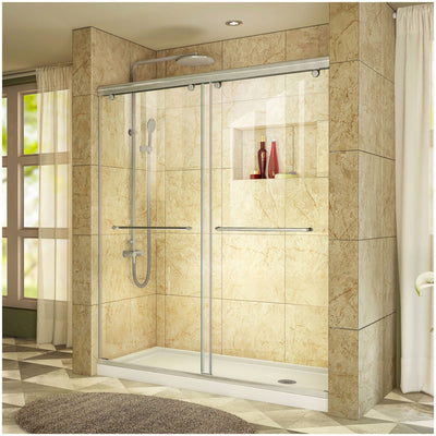 Charisma 78-3/4" High x 60" Wide 34" Deep Sliding Frameless Shower Door with Clear Glass, SlimeLine Shower Base Kit, and Right Drain - image 1