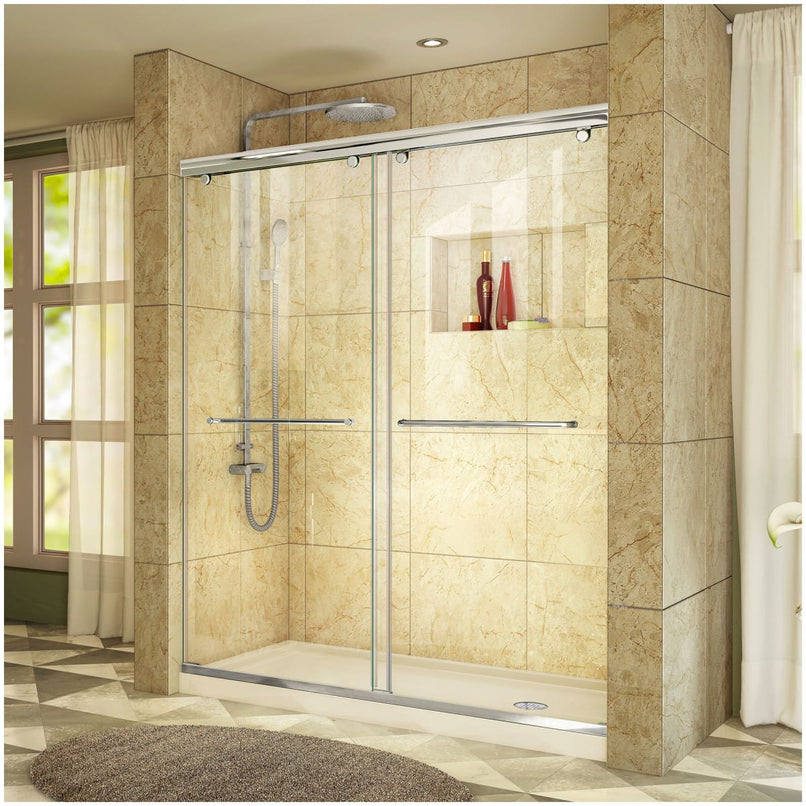 Charisma 78-3/4" High x 60" Wide 34" Deep Sliding Frameless Shower Door with Clear Glass, SlimeLine Shower Base Kit, and Right Drain - image 1