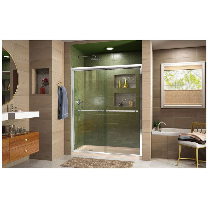 Duet 74-3/4" High x 60" Wide 30" Deep Sliding Framed Shower Door with Clear Glass, SlimeLine Shower Base Kit, and Left Drain - image 2