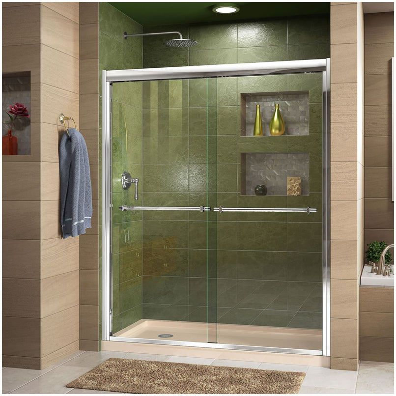 Duet 74-3/4" High x 60" Wide 32" Deep Sliding Framed Shower Door with Clear Glass, SlimeLine Shower Base Kit, and Left Drain - image 1