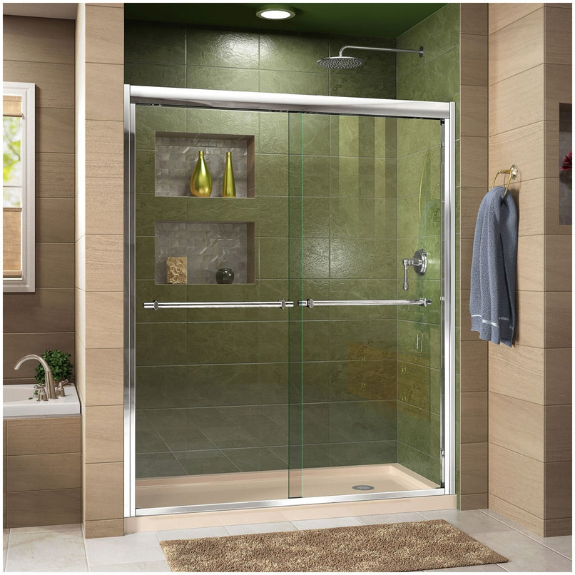 Duet 74-3/4" High x 60" Wide 32" Deep Sliding Framed Shower Door with Clear Glass, SlimeLine Shower Base Kit, and Right Drain - image 1