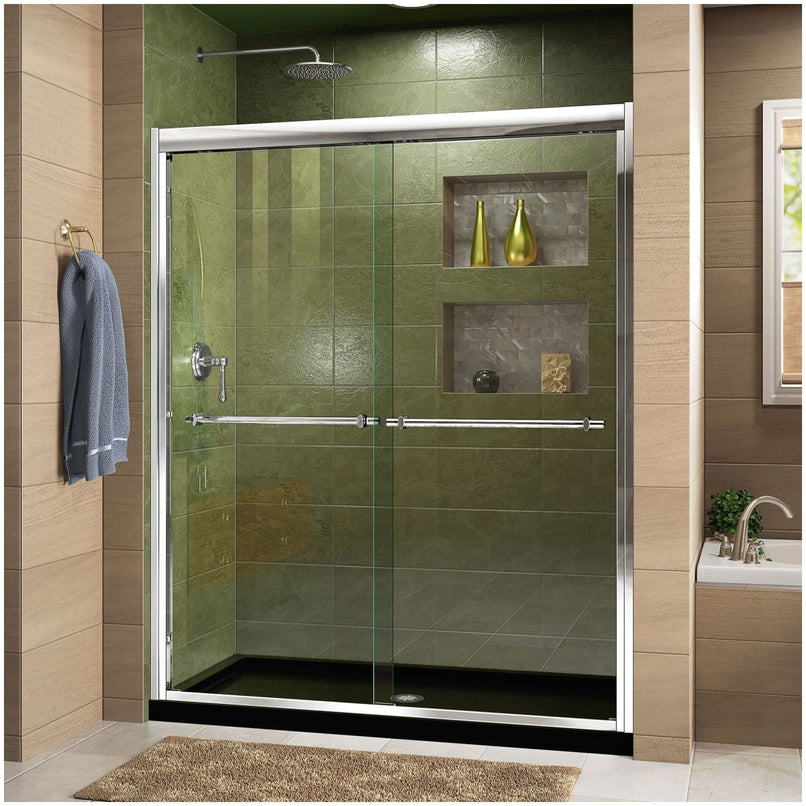 Duet 74-3/4" High x 60" Wide 34" Deep Sliding Framed Shower Door with Clear Glass, SlimeLine Shower Base Kit, and Center Drain - image 1
