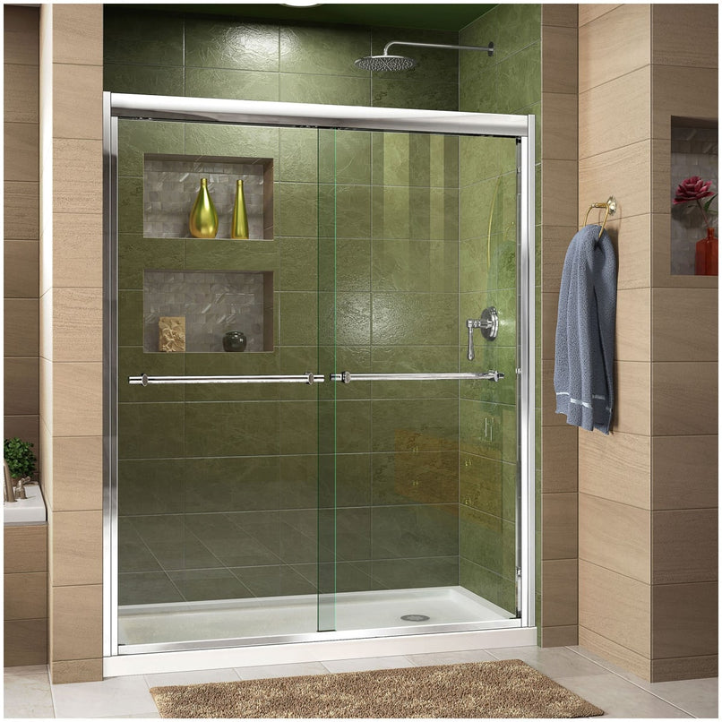 Duet 74-3/4" High x 60" Wide 34" Deep Sliding Framed Shower Door with Clear Glass, SlimeLine Shower Base Kit, and Right Drain - image 1