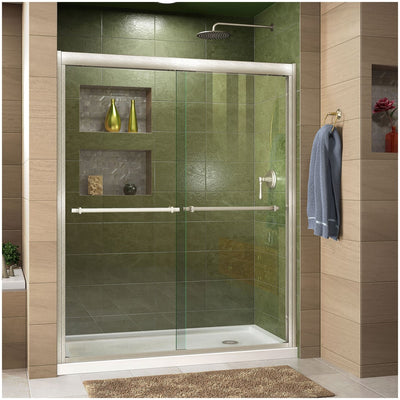 Duet 74-3/4" High x 60" Wide 36" Deep Sliding Framed Shower Door with Clear Glass, SlimeLine Shower Base Kit, and Right Drain - image 1
