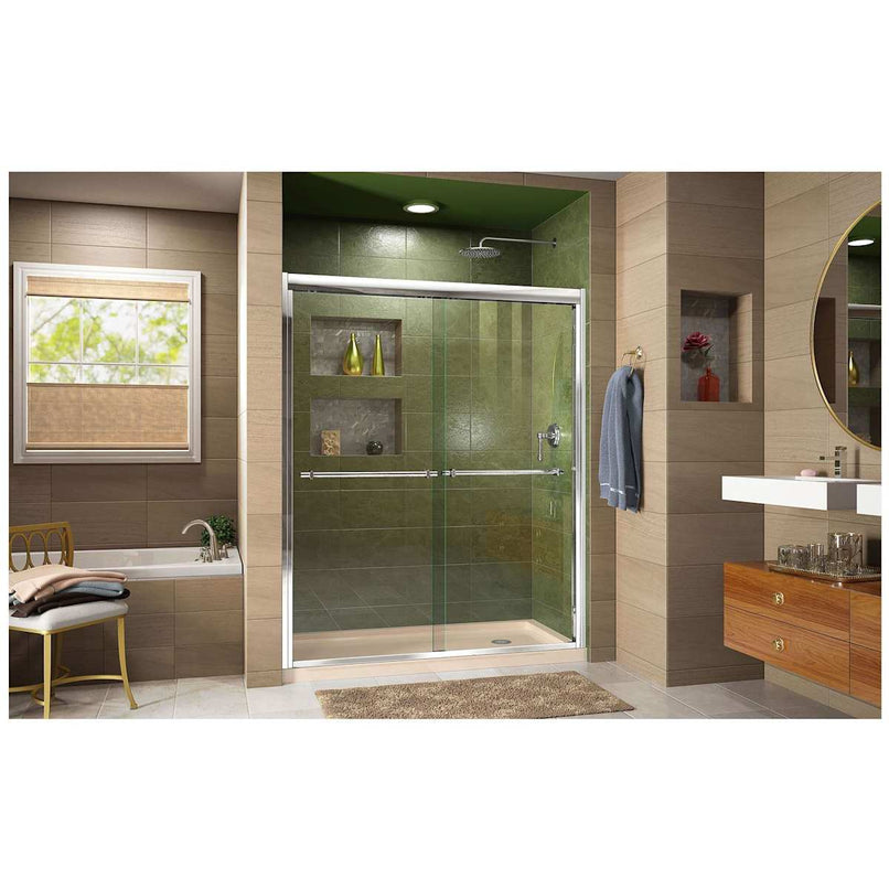 Duet 74-3/4" High x 60" Wide 36" Deep Sliding Framed Shower Door with Clear Glass, SlimeLine Shower Base Kit, and Right Drain - image 2