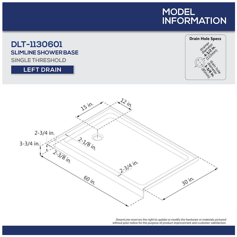 Visions 74-3/4" High x 60" Wide 30" Deep Sliding Framed Shower Door with Clear Glass, SlimeLine Shower Base Kit, and Left Drain - image 7