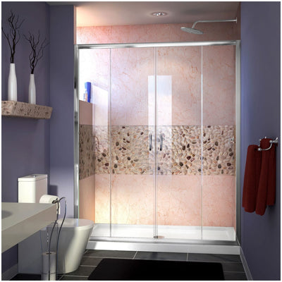 Visions 74-3/4" High x 60" Wide 34" Deep Sliding Framed Shower Door with Clear Glass, SlimeLine Shower Base Kit, and Center Drain - image 1
